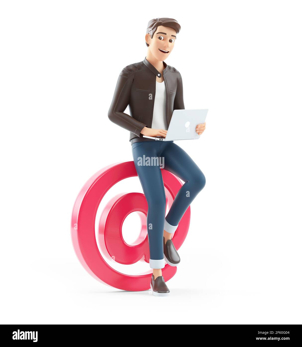3d cartoon man working on at sign, illustration isolated on white background Stock Photo