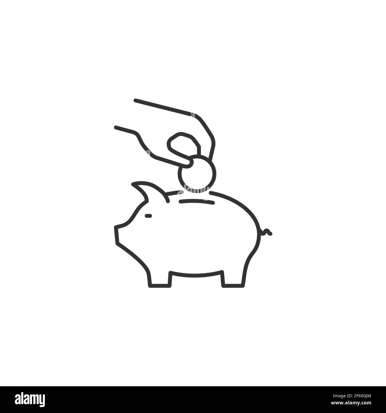 Hand Puts Coin in Piggy Bank Vector Line Icon. Stock Vector