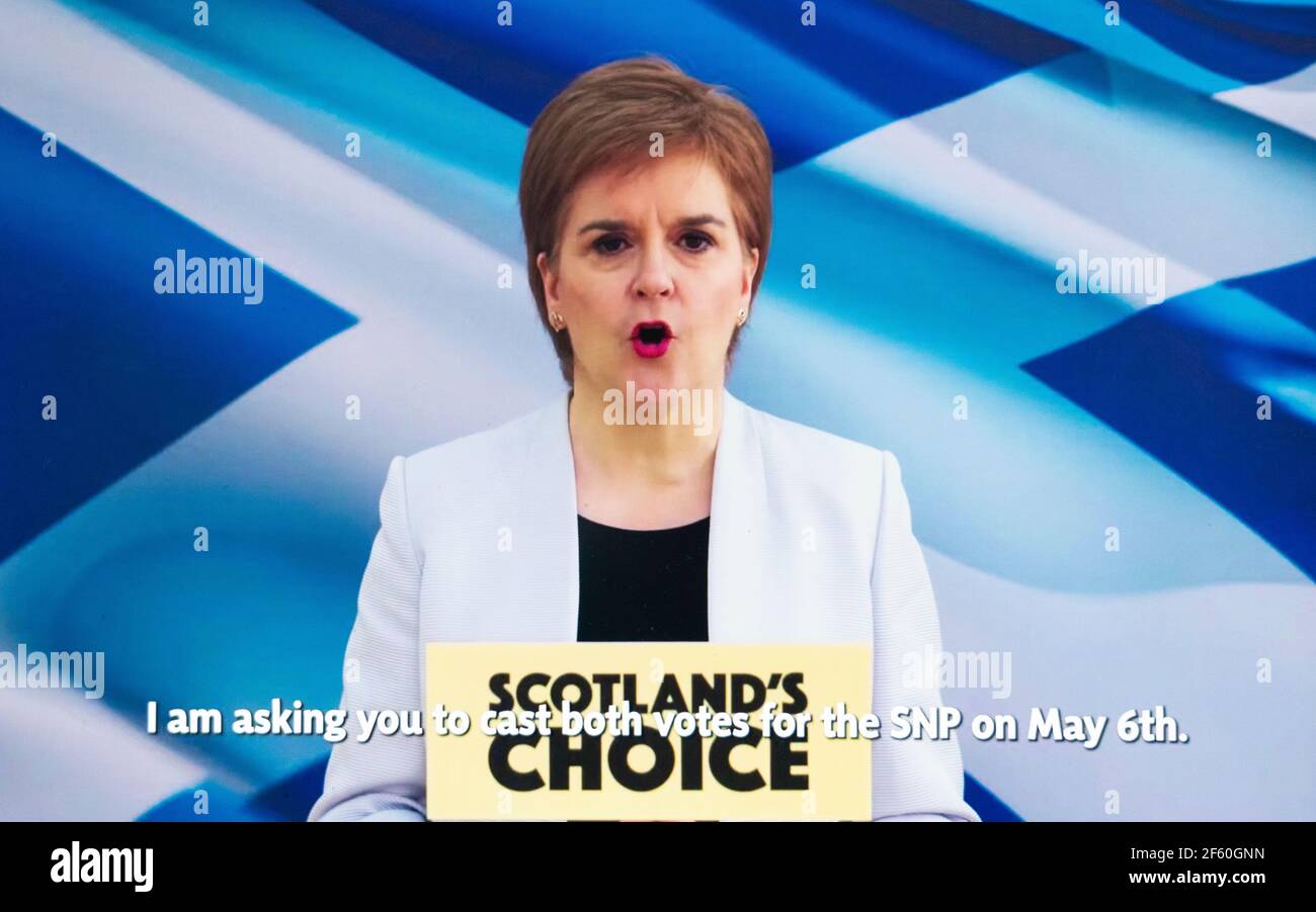 Glasgow, Scotland, UK. 29 March 2021. First Minister of Scotland Nicola Sturgeon addresses SNP conference by video link today . Iain Masterton/Alamy Live News Stock Photo