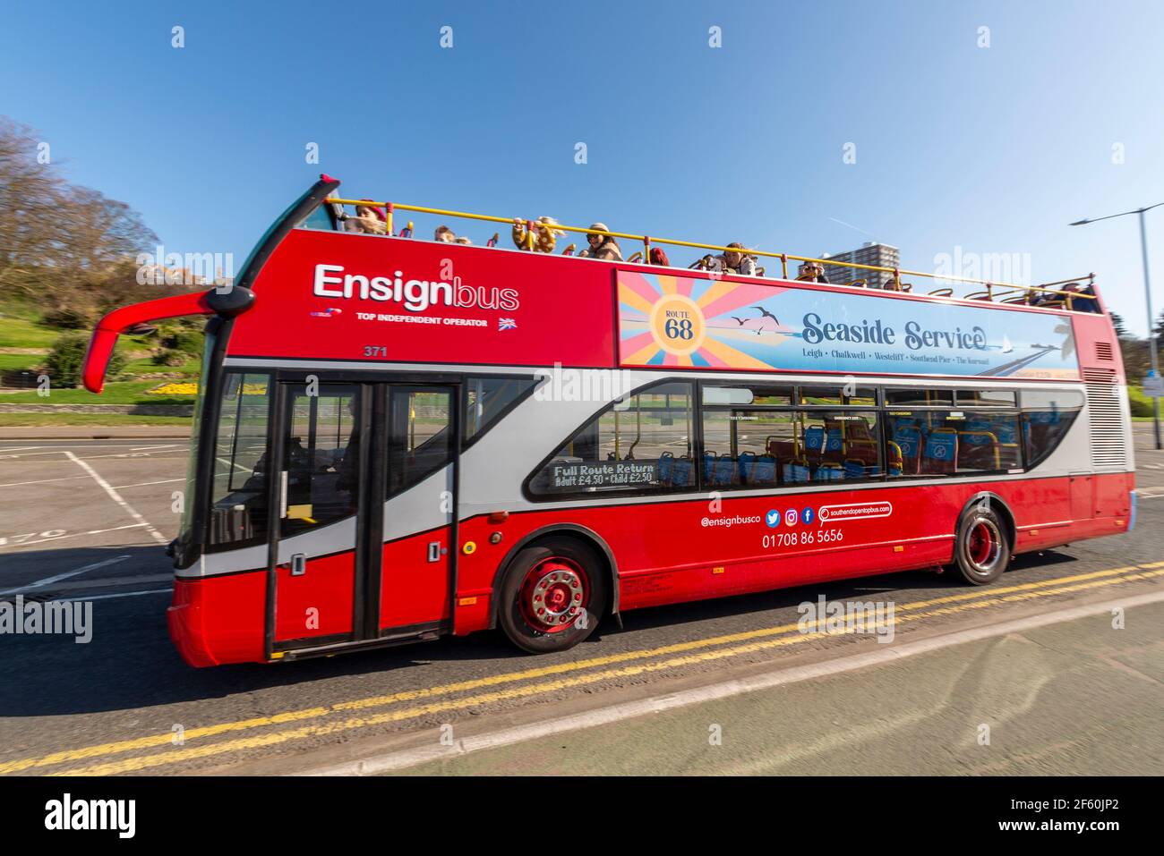 Southend on Sea, Essex, UK. 29th Mar, 2021. The first day of the UK’s easing of lockdown has cleared into a bright and sunny day, though remaining cool. Ensignbus have commenced their seafront 'Seaside Service' open top bus service Stock Photo