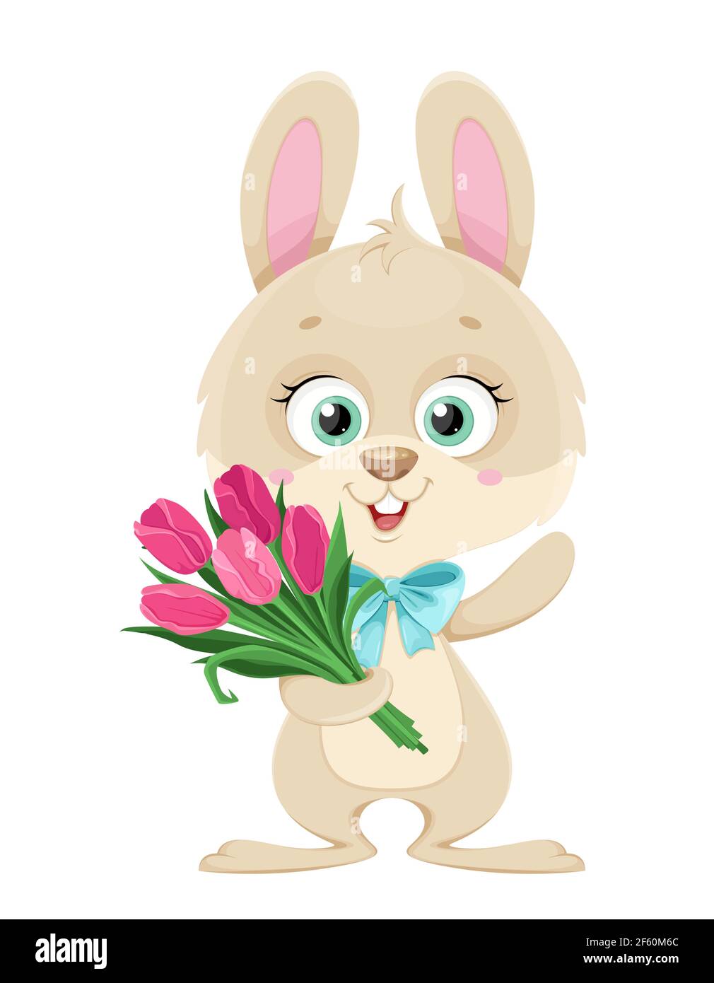 Happy Easter. Cute little bunny holding a bouquet of tulips. Cartoon  character rabbit. Stock vector illustration Stock Vector Image & Art - Alamy