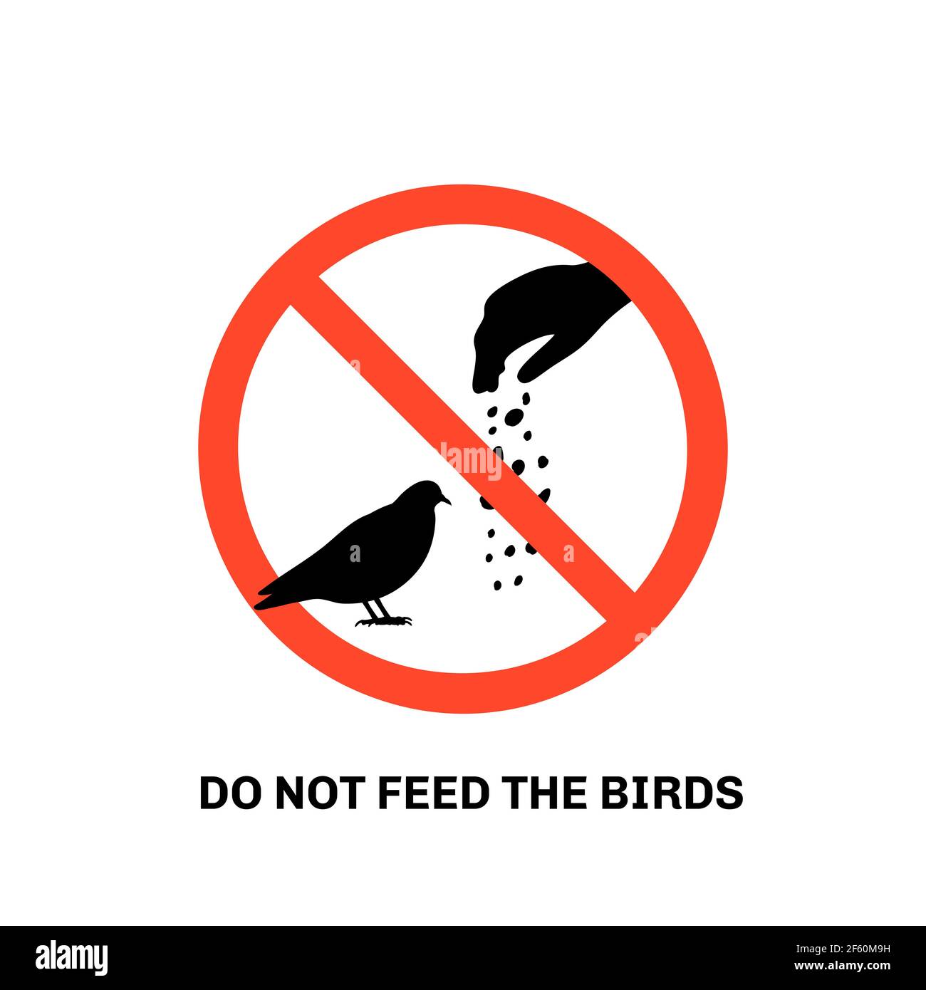 Prohibition sign with text do not feed the birds and hand silhouette
