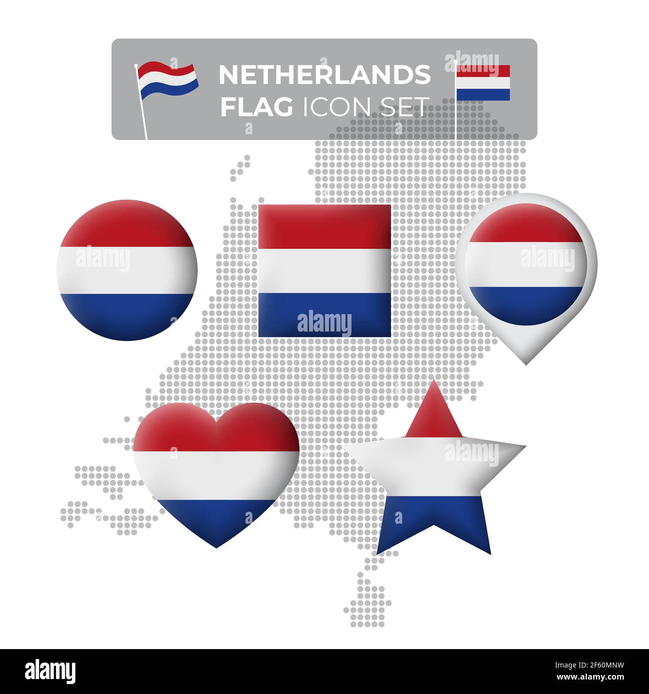 Netherlands denmark flag icons set in the shape of square, heart, circle, stars and pointer, map
