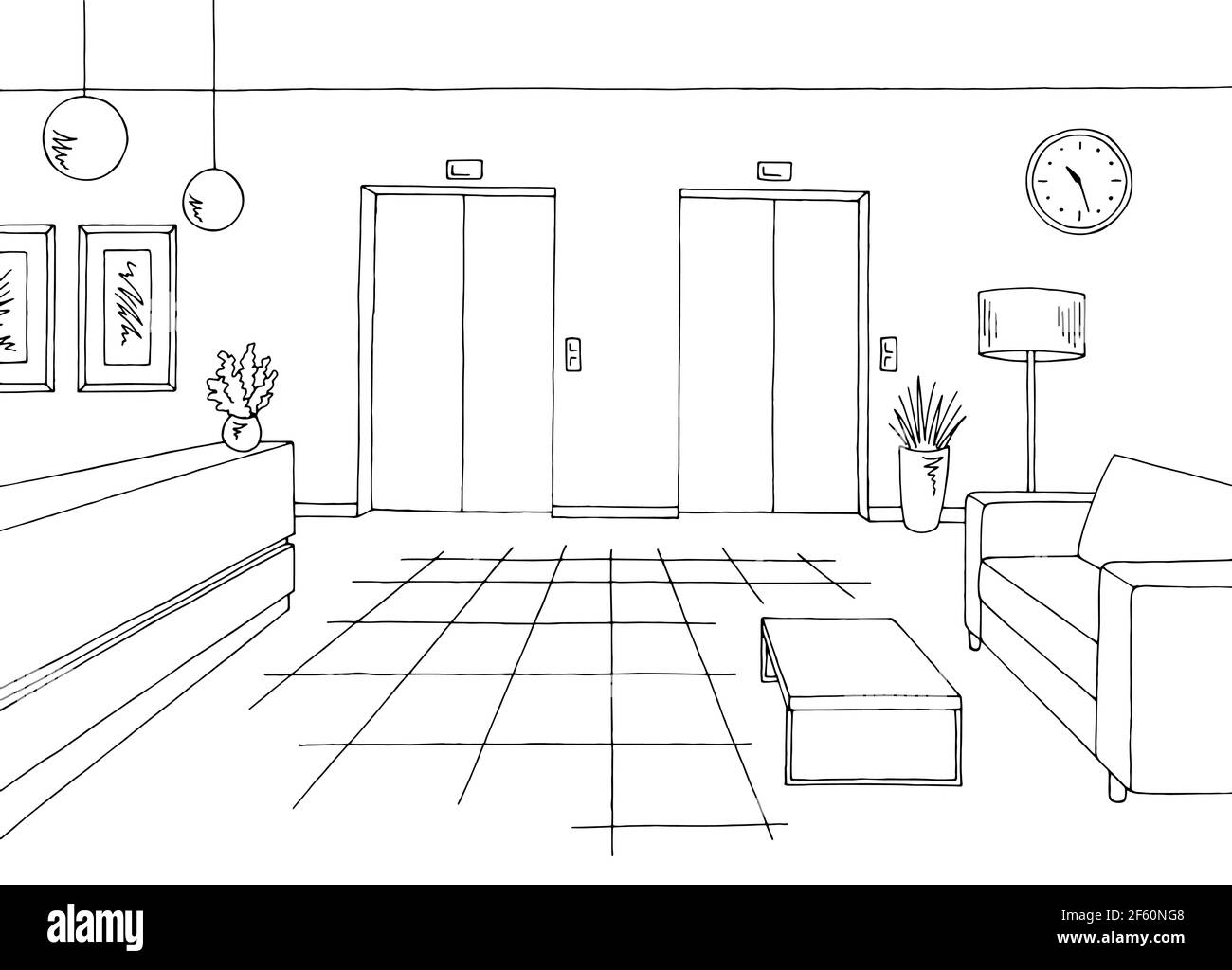 Download Sketch Perspective Interior Lobby , Black And White Interior  Design. Stock Illustr… | Architecture design sketch, Interior design  sketches, Interior sketch