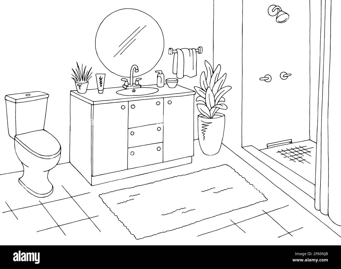 Bathroom graphic home interior black white sketch illustration vector ...
