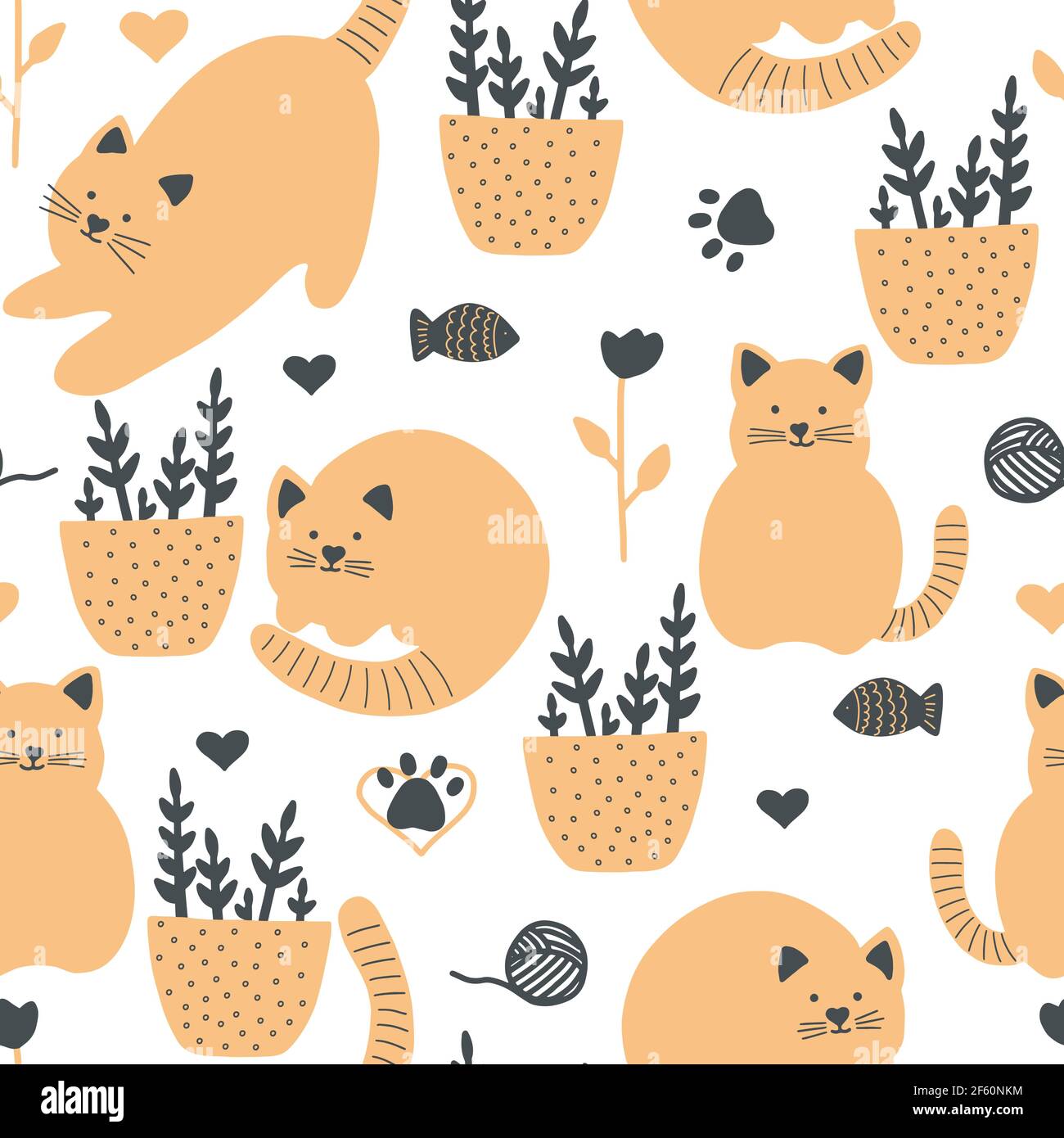 Cute seamless vector background with funny cats and flowers in cartoon ...