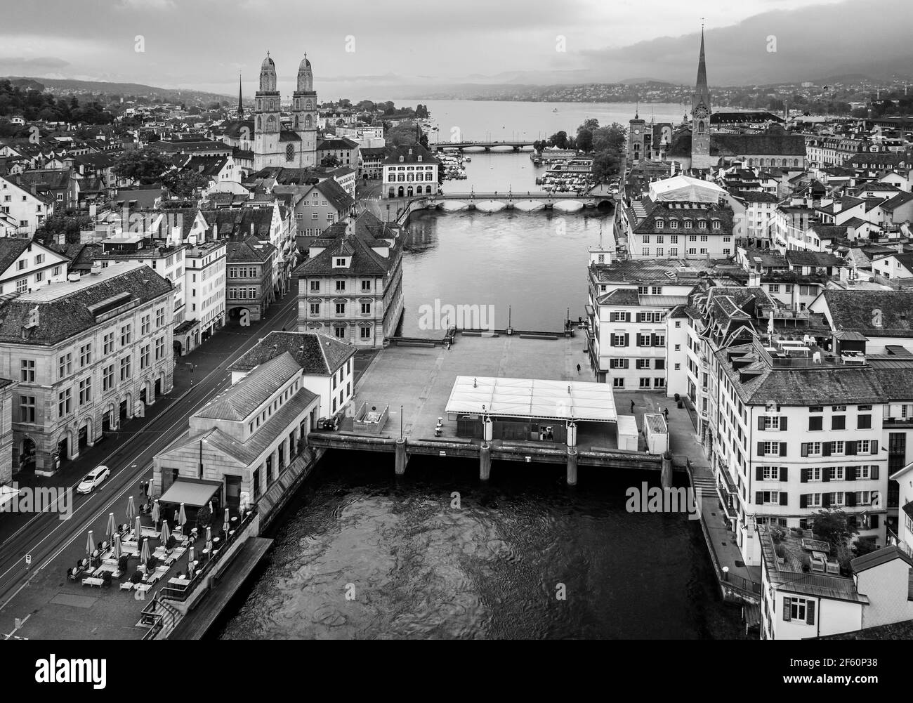 Black and white view of Zurich old town with the Limmat river and the ...