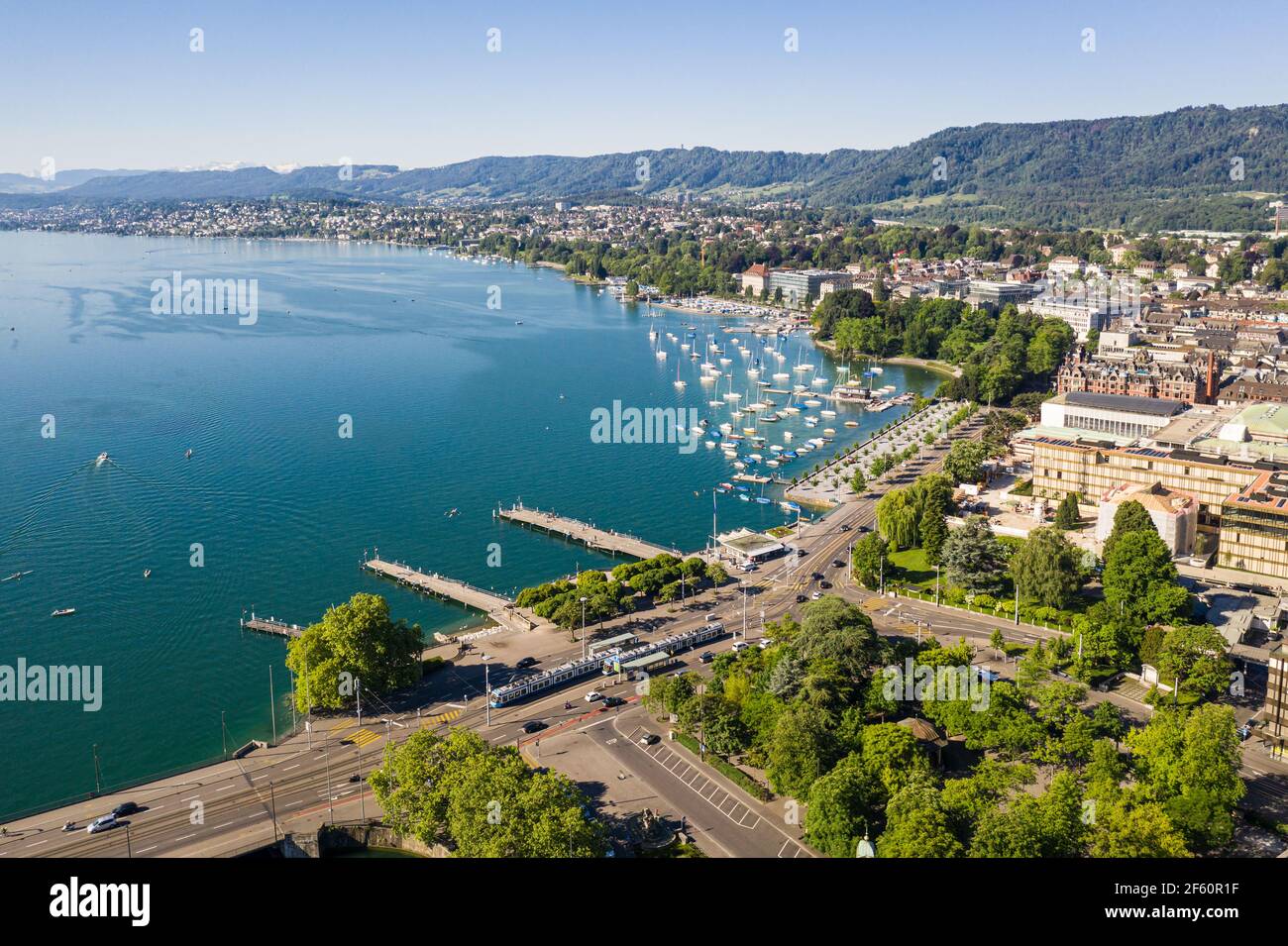 Aerial view of the Zurich cityscape with the quay along the lake Zurich ...