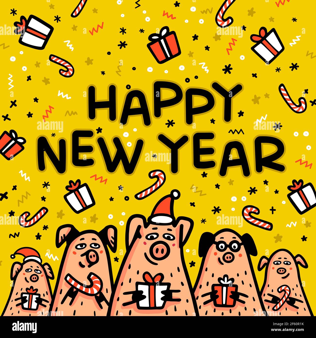 Happy new year Pig yellow greeting card. Funny pigs with candy canes, gifts, and Santa's hats. 2019 Chinese New Year symbol. Doodle style characters Stock Vector