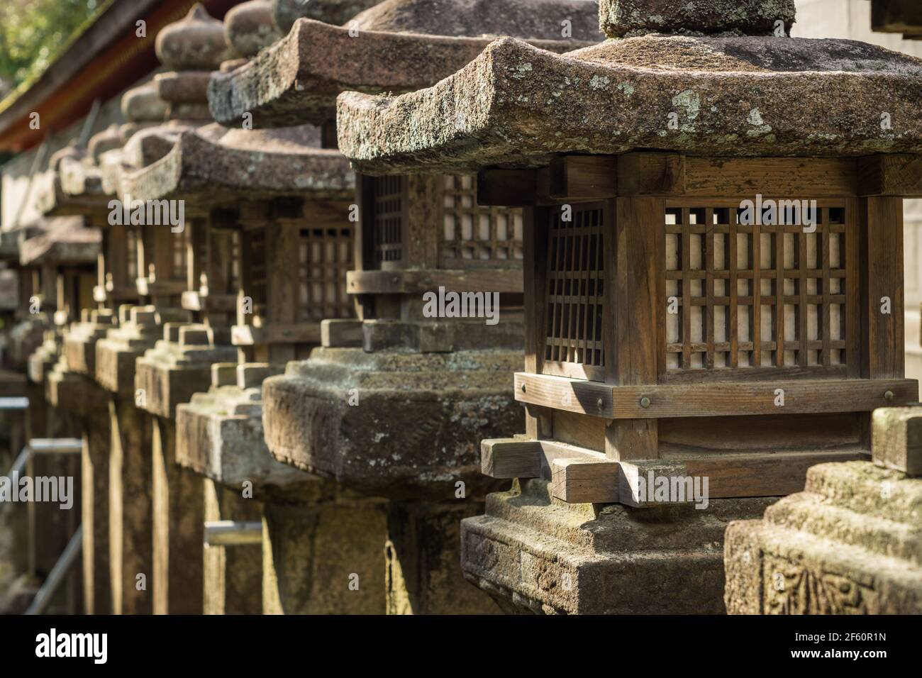 Japanese stone lanterns in the spring sunshine at Kasuga Taisha Grand Shrine, a Shinto shrine and UNESCO world heritage site in Nara, Japan Stock Photo