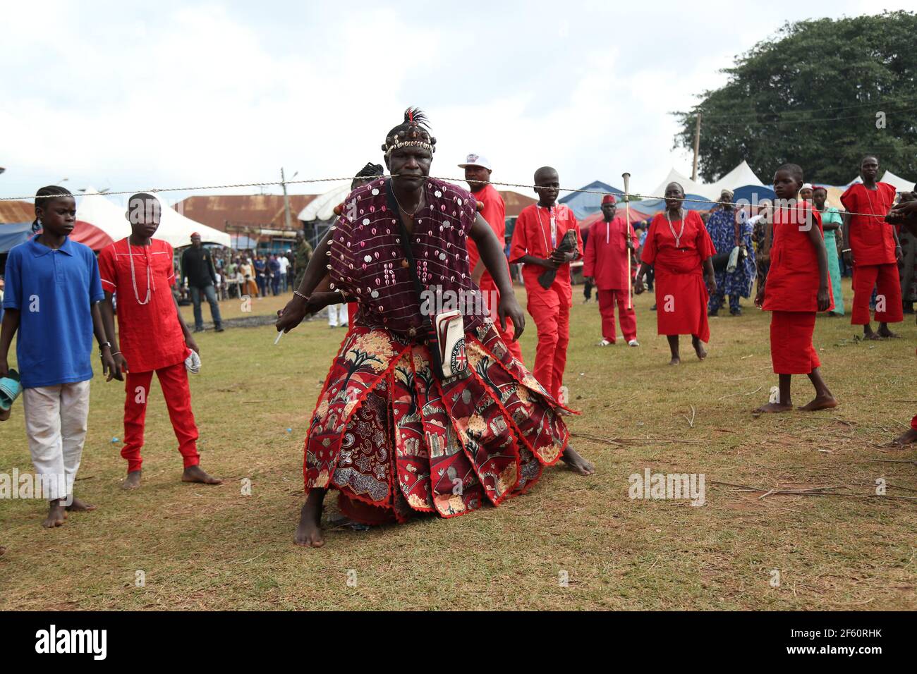 Sango worshiper performing at the World Sango Festival, Oyo State, Nigeria. Stock Photo