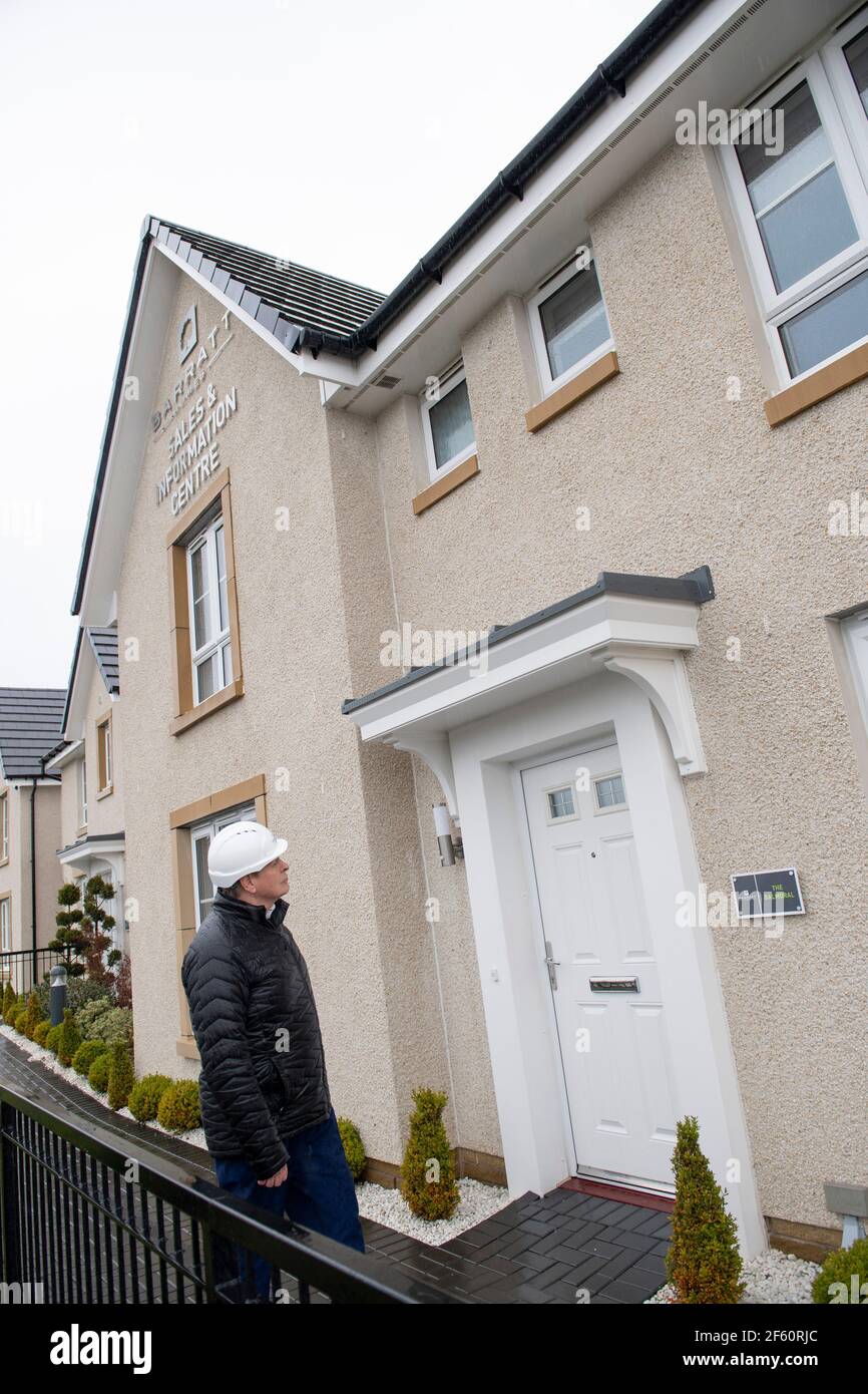 Coatbridge, Scotland, UK. 29th Mar, 2021. PICTURED: Stephen Kerr, Scottish Conservative lead candidate for Central region. The Scottish Conservatives have announced a manifesto pledge for the biggest social housebuilding drive since devolution began. The ambitious targets would see 40,000 homes for social rent built over the next Parliament, around 8,000 per year. The party would also aim to restore the housebuilding sector to pre-SNP and pre-financial crash levels by seeking to build 25,000 homes in total per year by the end of the next parliamentary term. Credit: Colin Fisher/Alamy Live News Stock Photo