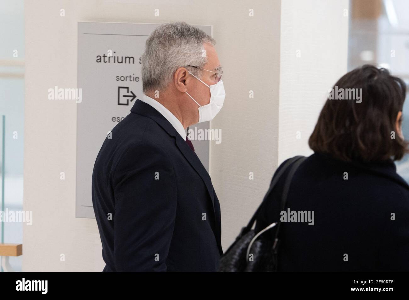 Paris, France. 29th Mar, 2021. The financial director of Servier  pharmaceutical laboratories, Olivier Laureau at Paris' courthouse, in  Paris, on March 29, 2021 prior to the announcement of the verdict in the