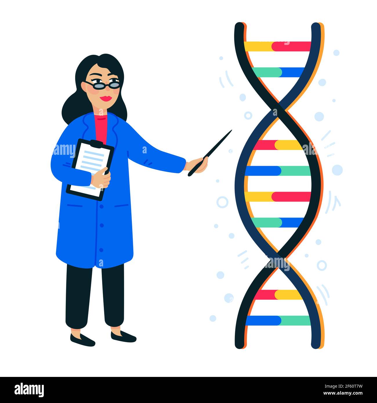 Genome sequencing concept. Female scientist and helix of DNA on white background, genome or gene structure. Human genome project. Flat style vector il Stock Vector