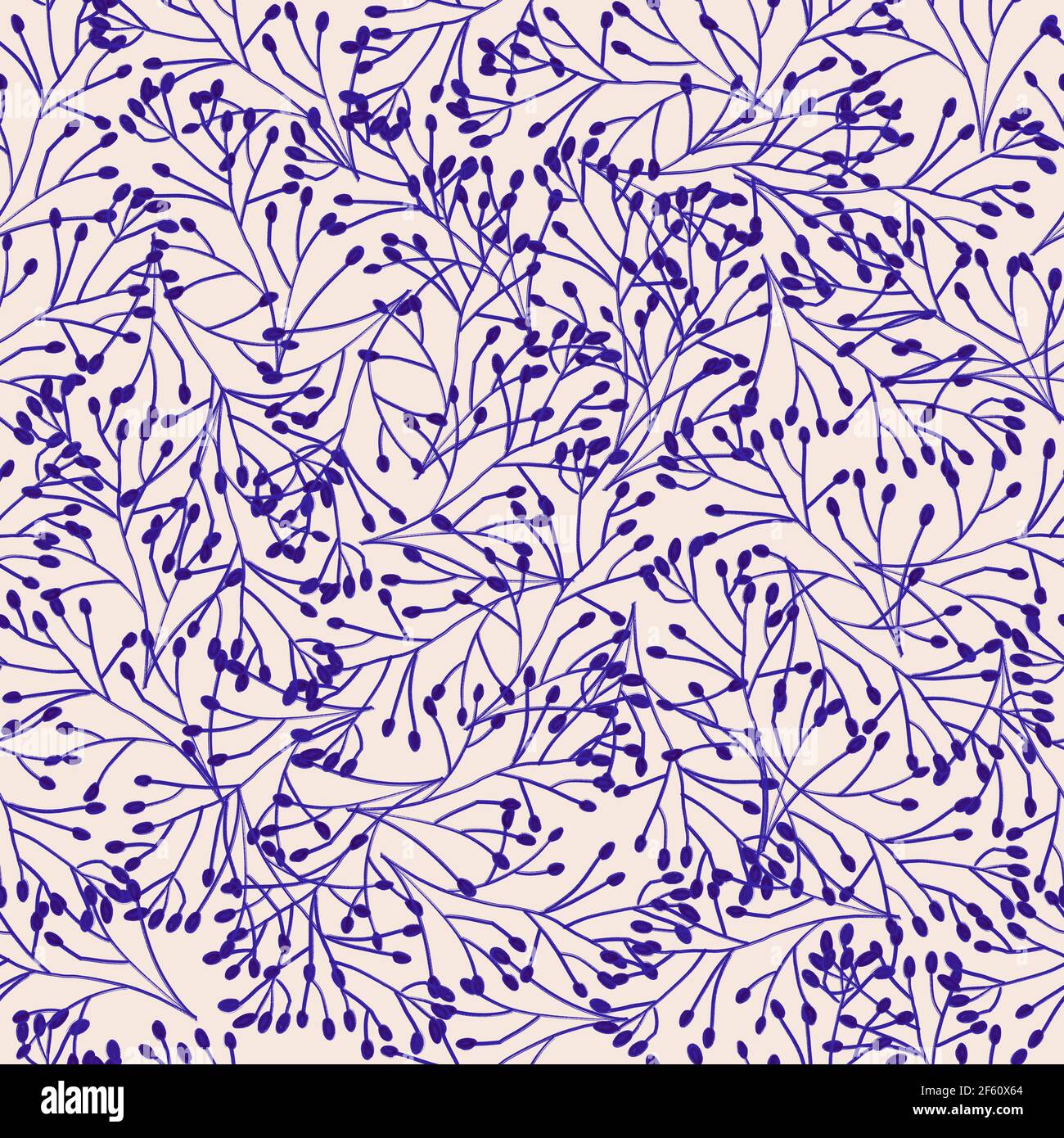 Blue beige seamless background from blue hand drawn contour flowers. Repeating abstract nature texture for fabric, tiles, wallpaper. Blue ink Stock Photo
