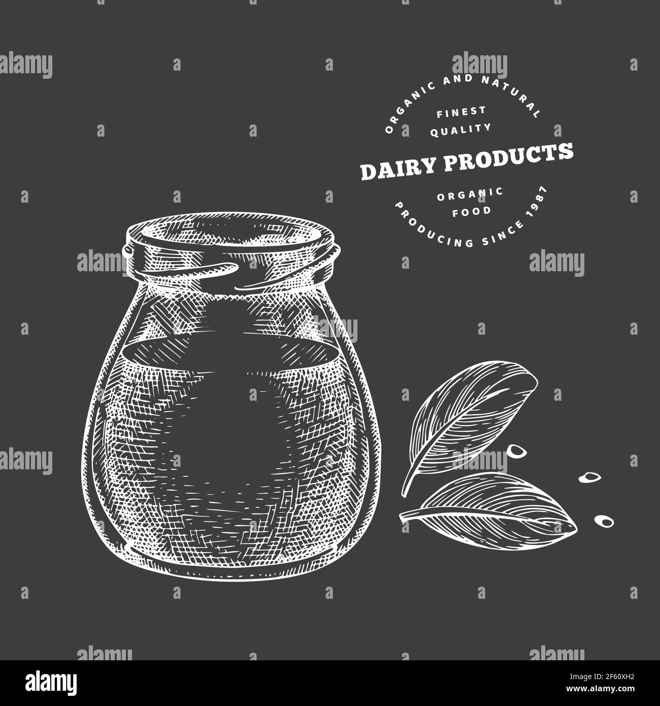 Hand drawn sketch style jar with milk, yogurt or sour cream. Organic fresh food vector illustration isolated on chalk board. Retro dairy product illus Stock Vector