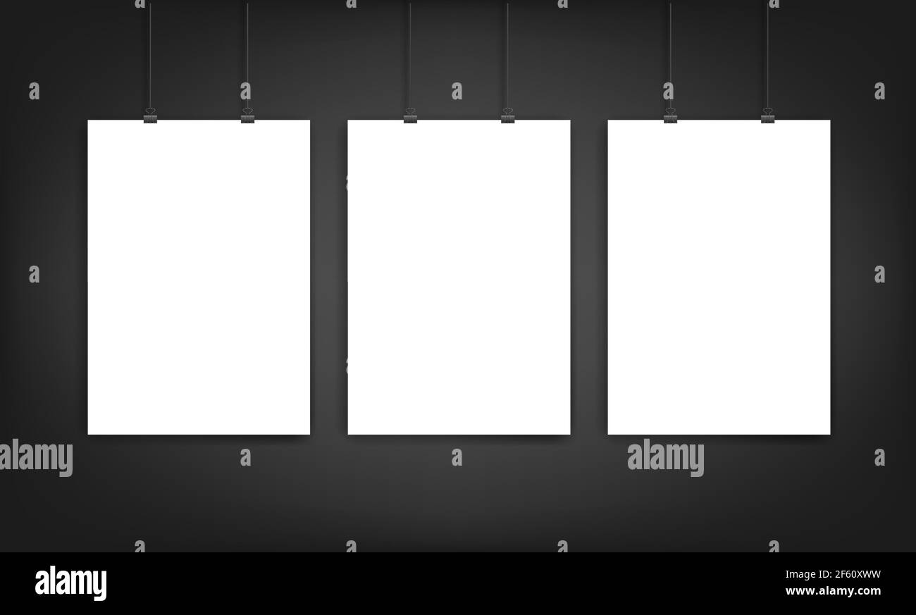 Three hanged poster a4 mockup. Vector template on black gray background