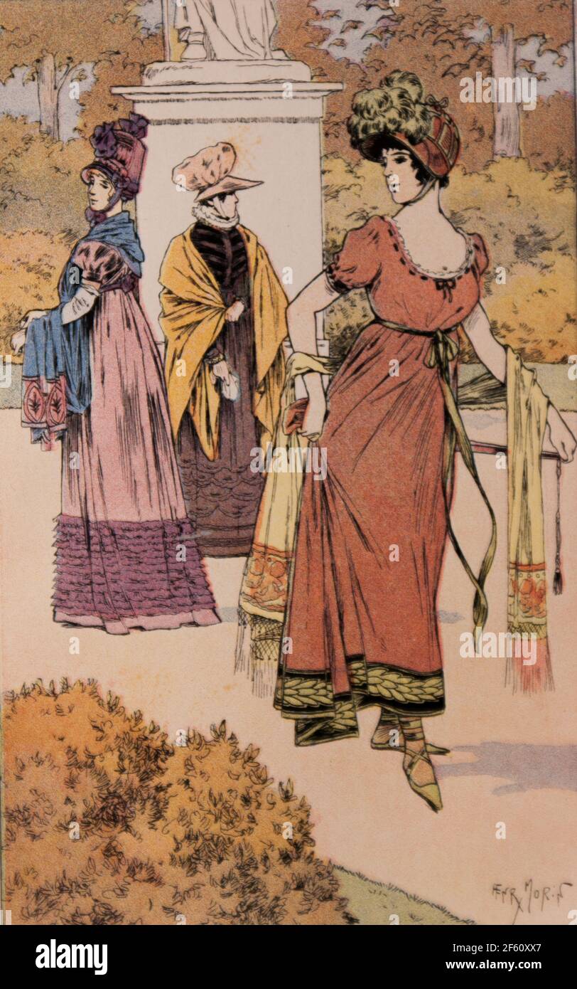 mode sous consulat et empire,les echarpes ,l'evangile profanepar la comtesse de tramar,editeur victor havard 1905 Stock Photo