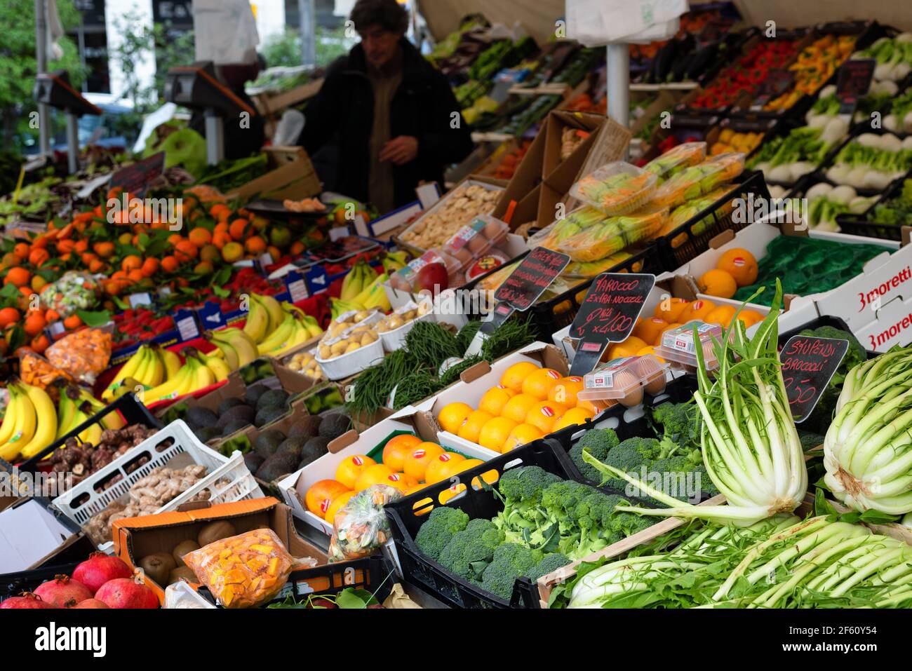 Fruit and vegetable stall at an open air Italian market. Udine city, Friuli Venezia Giulia, Italy. Stock Photo