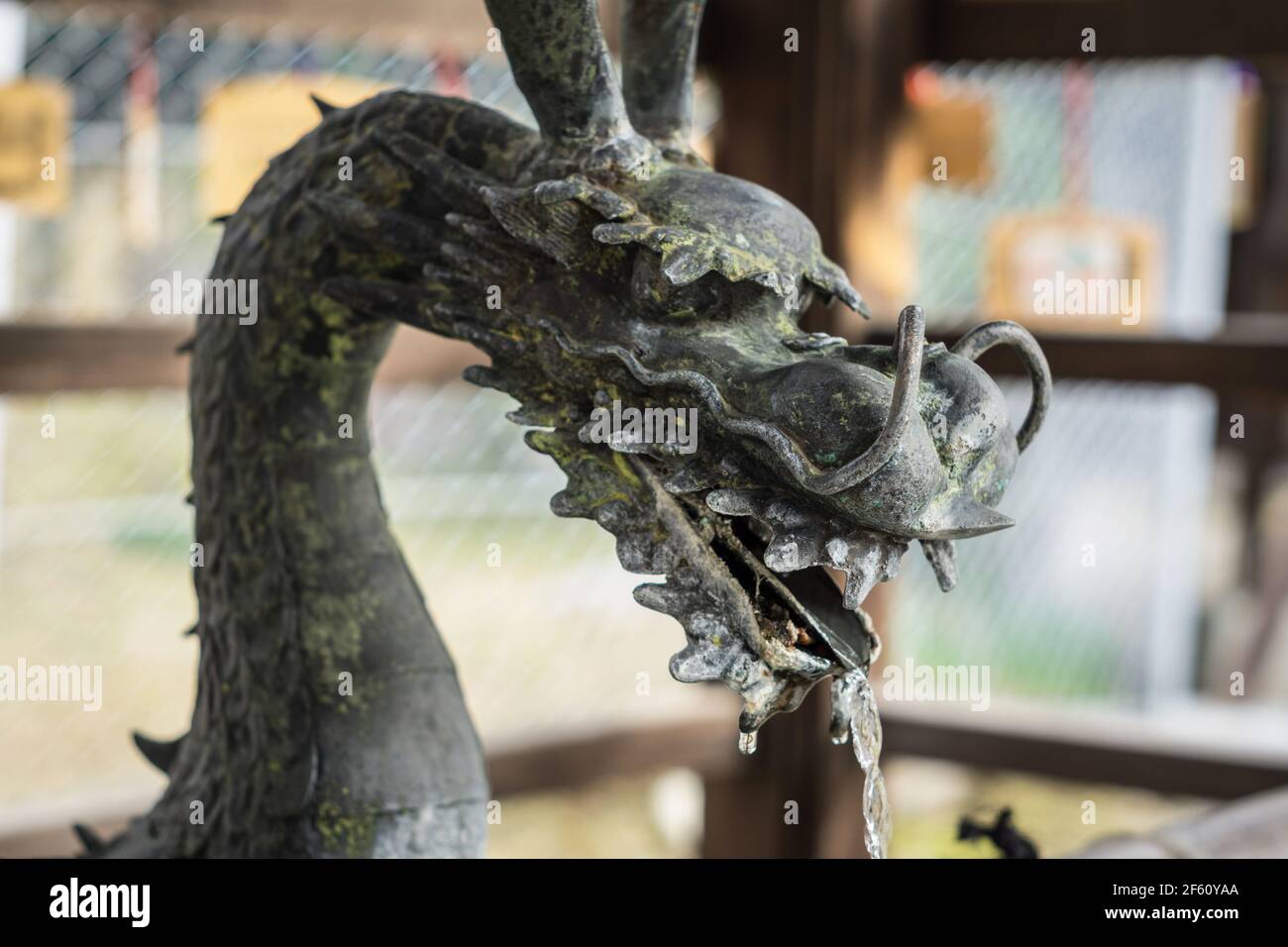 Bronze metal dragon purifying water fountain chozubachi at Kofukuji