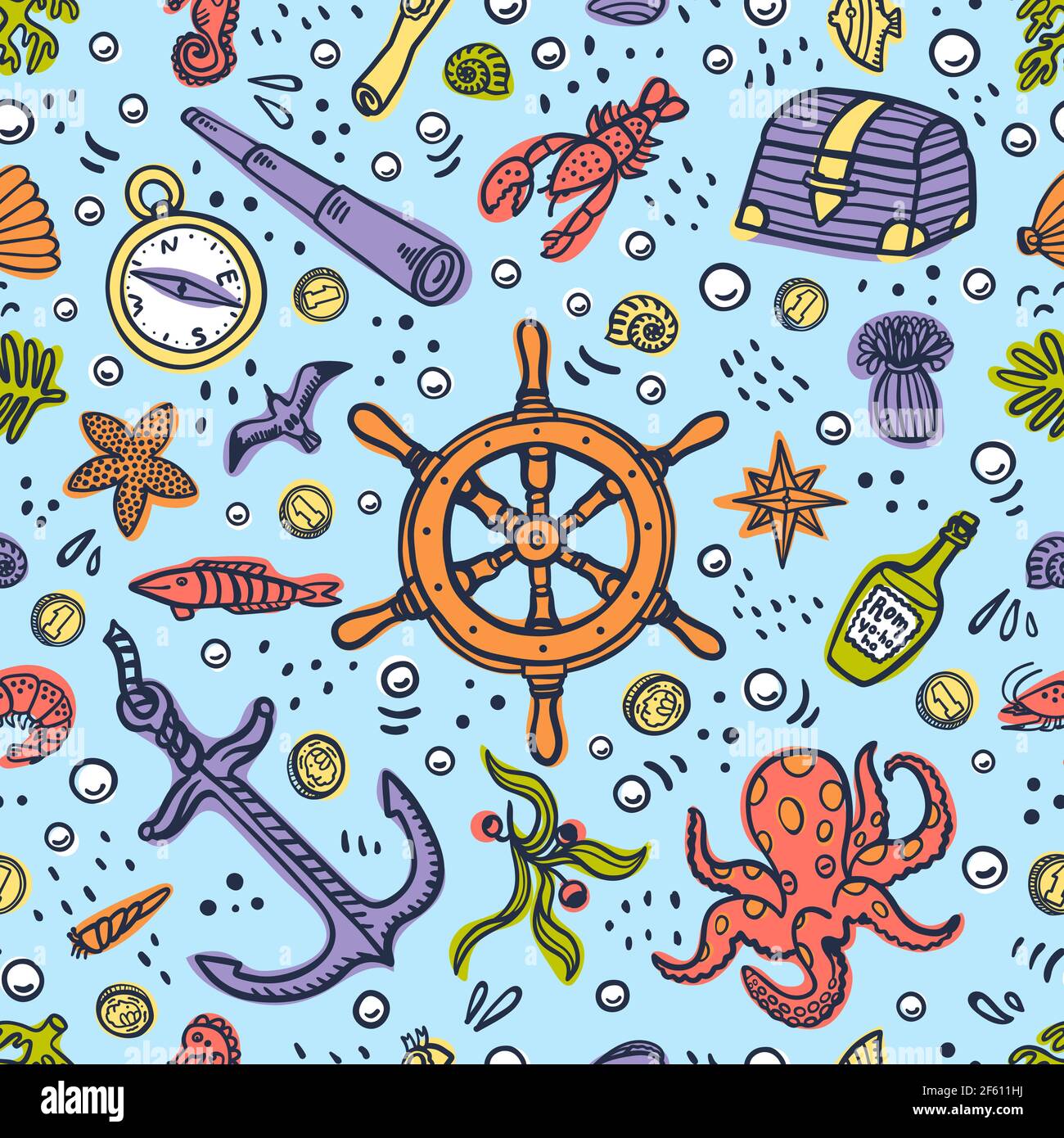 Sea adventures seamless pattern on blue background. Marine objects and creatures. Doodle style vector illustration Stock Vector