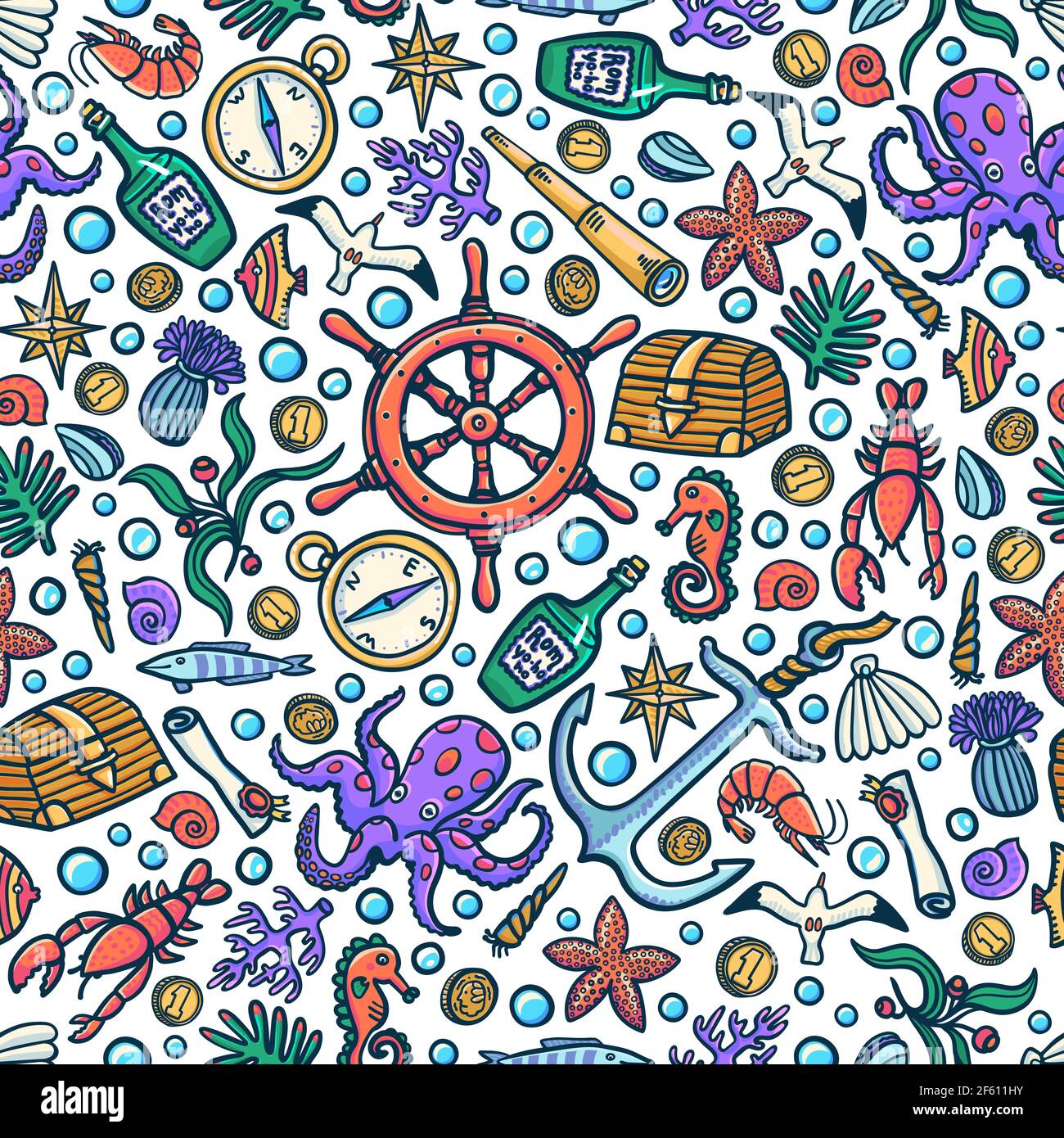 Sea adventures seamless pattern. Marine hand-drawn vector objects. Doodle style vector illustration Stock Vector