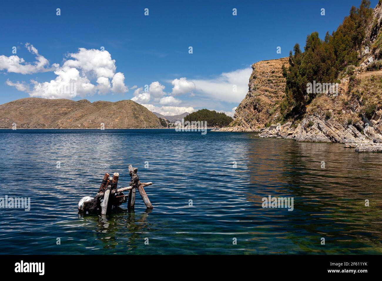 Sun Island (Isla del Sol) and Lake Titicaca in Bolivia, South America. There are no motor vehicles or paved roads on the island. The main economic act Stock Photo