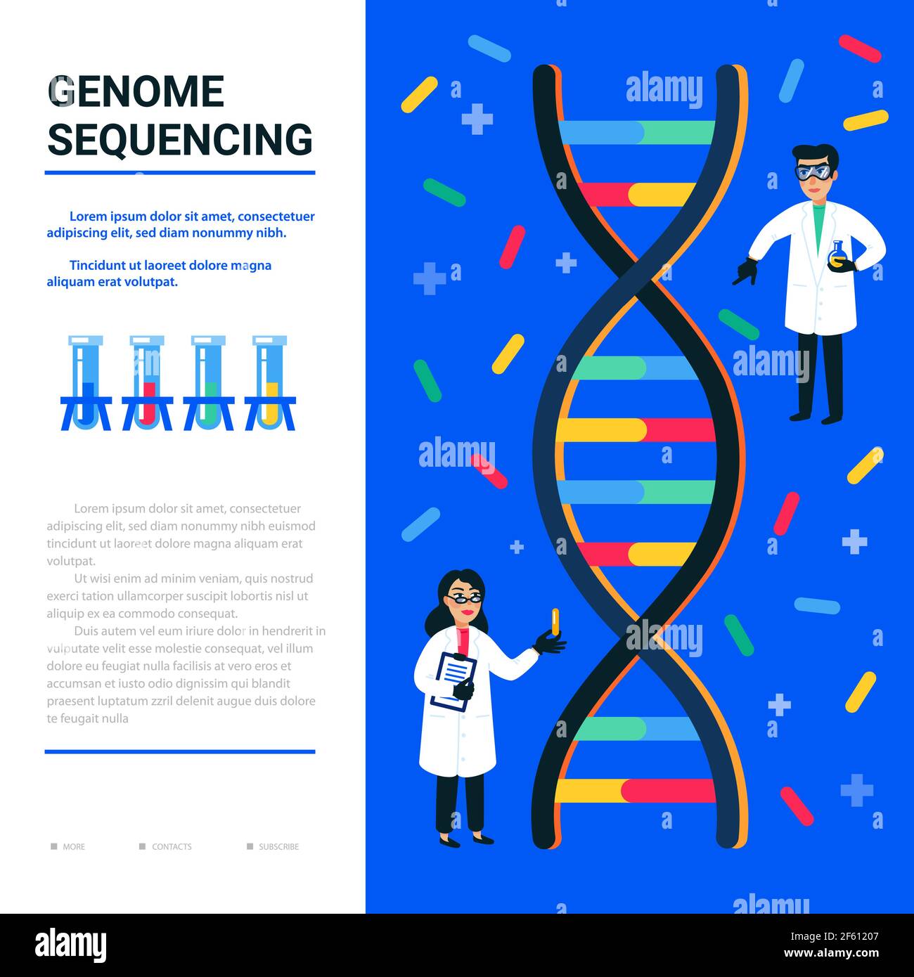 Genome sequencing concept. Small Scientists and helix of DNA, genome