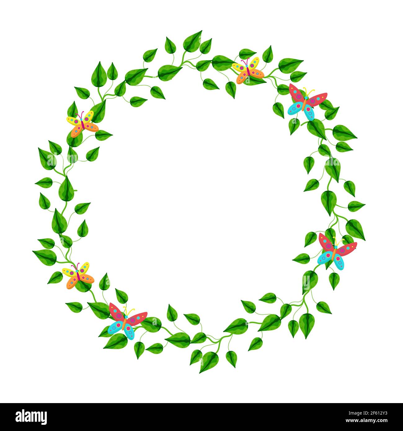 Round frame of daisies decorated with butterflies. Stock Vector