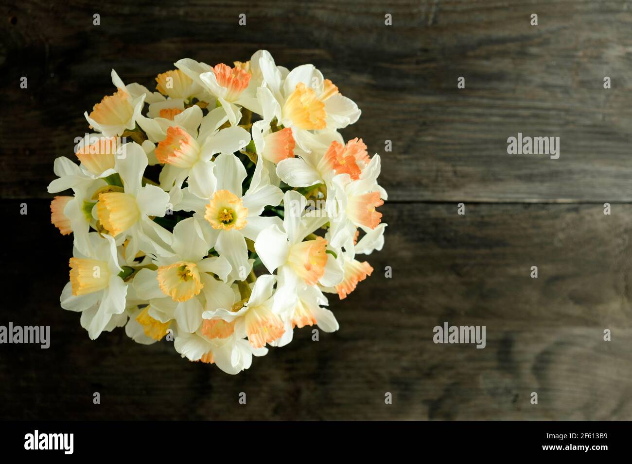 An overhead view of a bunch of yellow and orange daffodils to one side of a dark wooden table Stock Photo