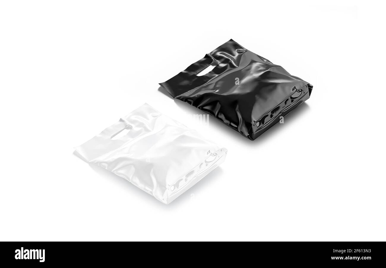 Blank black and white die-cut small plastic bag mockup, isolated Stock Photo