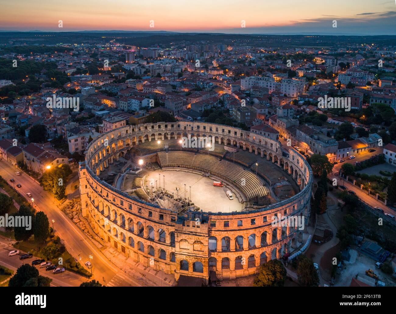 Aerial photo of Arena in Pula, Croatia at night Stock Photo