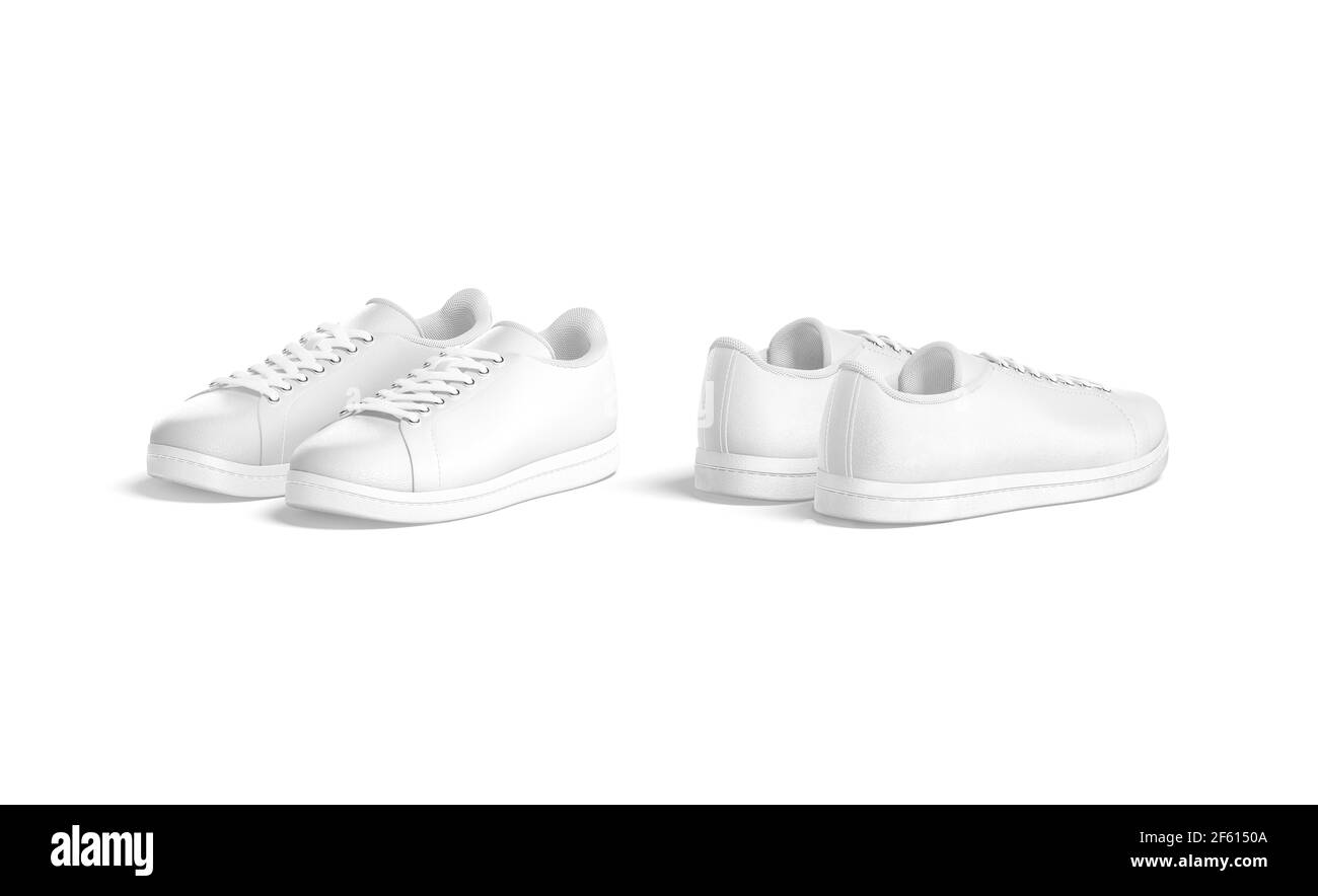 Blank white leather sneakers with lace mockup, front and back Stock Photo
