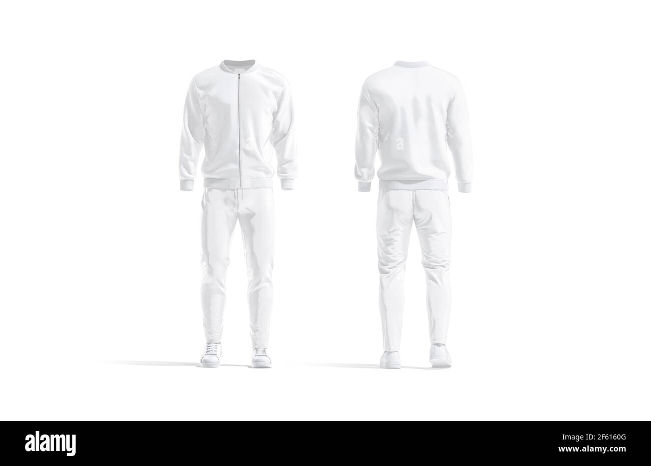 Blank white sport tracksuit with bomber, pants and sneakers mockup Stock Photo