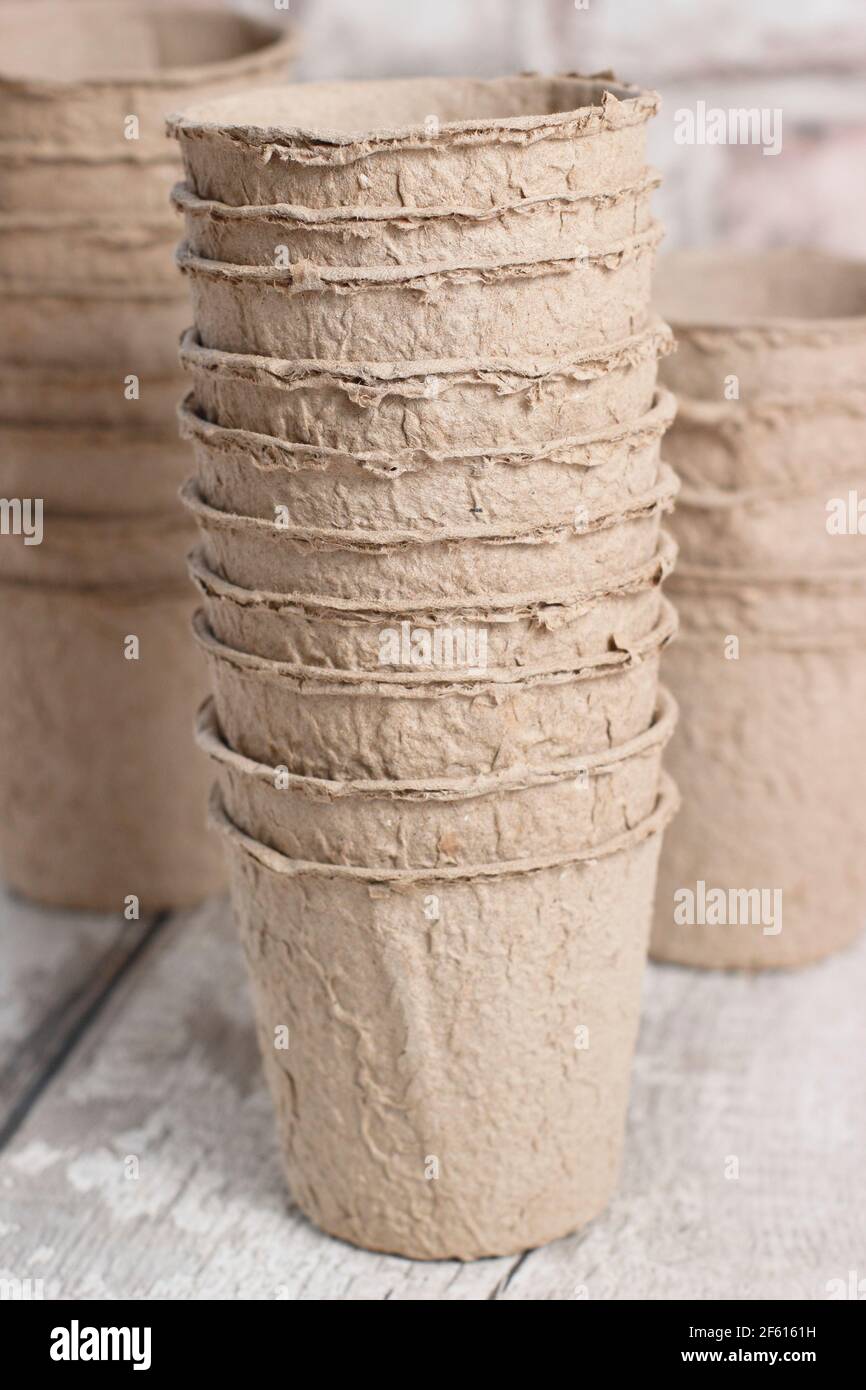 Plant pots. Biodegradable fibre plant pots isolated. Stock Photo