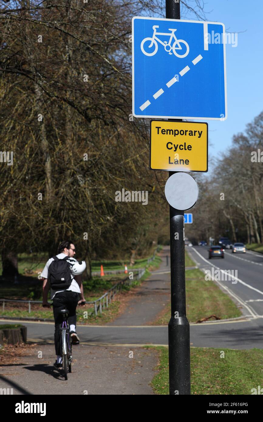 Temporary Cycle Lane in Southampton, put in place during the coronavirus pandemic Stock Photo
