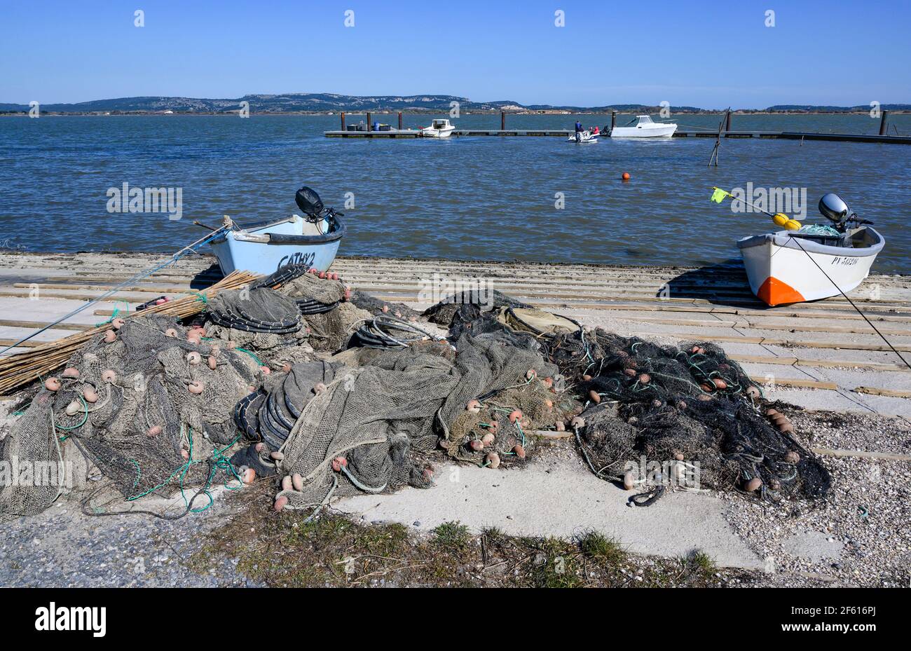 Eel fishing gear and nets drying in the sun at Bages, Parc naturel