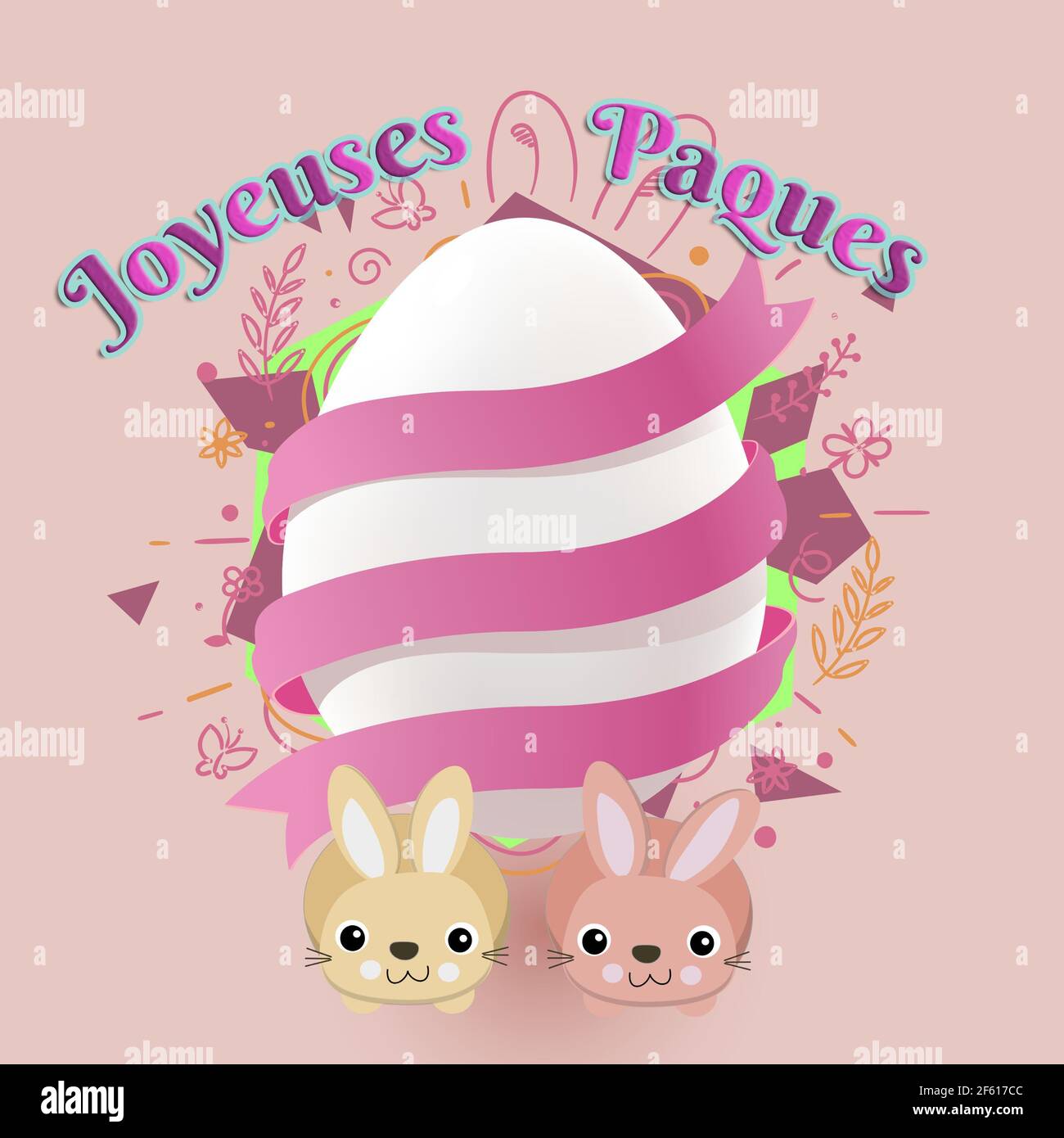 A beautiful easter egg with two cute rabbits in pink background ...