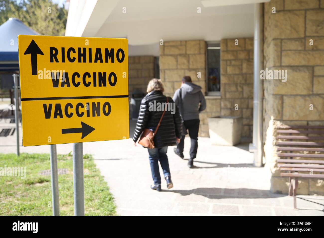 San Marino, Italy, 29/03/21, Residents of San Marino arriving to receive their Sputnik V vaccine today at the San Marino state hospital, after Russia stepped in after Italian deliveries failed to arrive. Moscow sent 7,500 doses of its Sputnik V jab to the enclave to help out. Credit: Jonathan Moscrop/Sportimage/Alamy Live News Stock Photo
