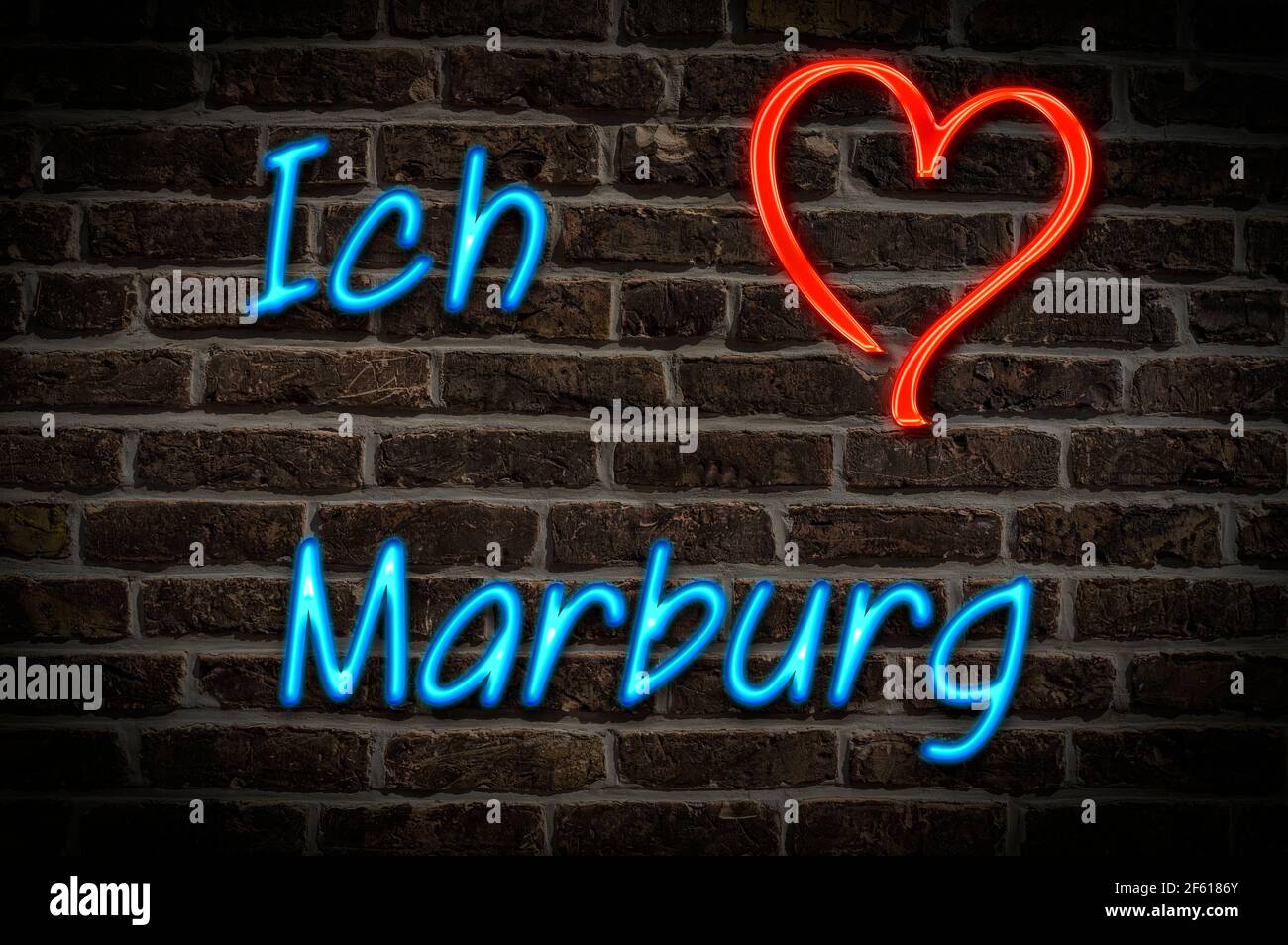 Leuchtreklame, Ich liebe Marburg, Hessen, Deutschland, Europa | Illuminated advertising, I love Marburg, Hesse, Germany, Europe Stock Photo