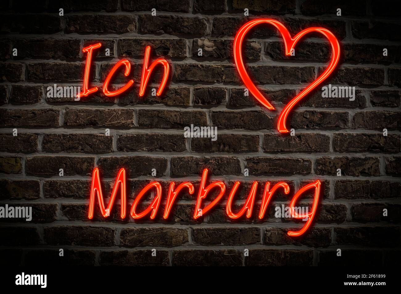 Leuchtreklame, Ich liebe Marburg, Hessen, Deutschland, Europa | Illuminated advertising, I love Marburg, Hesse, Germany, Europe Stock Photo