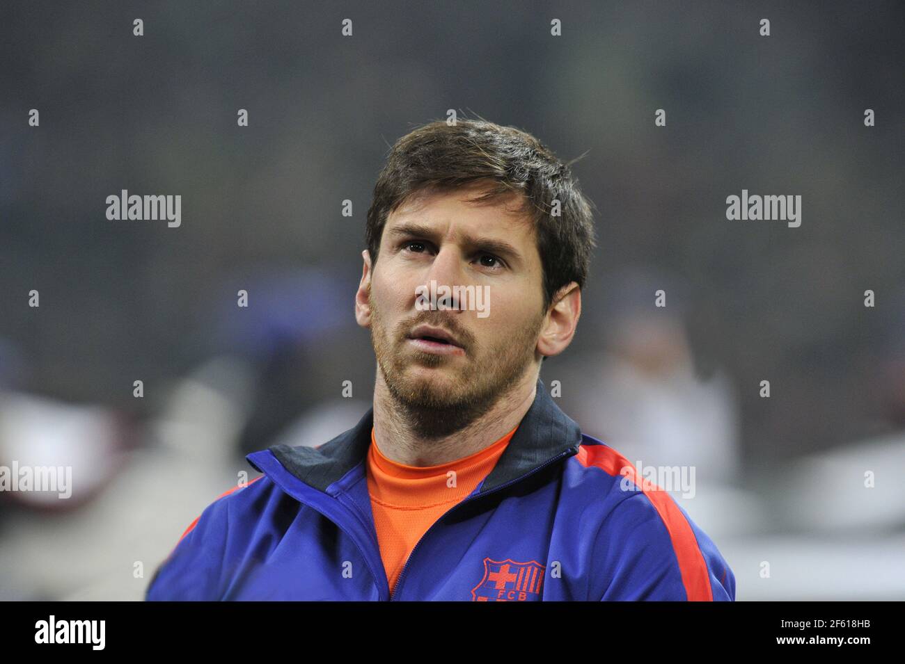Barcelona football player Lionel Messi portrait at the San Siro soccer stadium during the UEFA Champions League match AC Milan vs FC Barcelona, in Milan Stock Photo