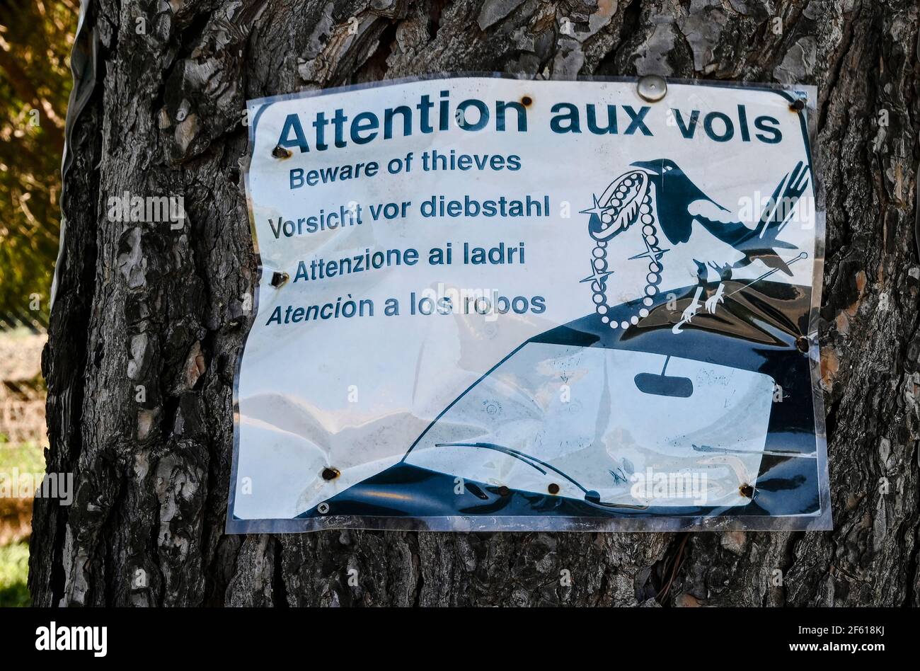 Sign warning of thieves at the Forteresse de Salses, southern France Stock Photo