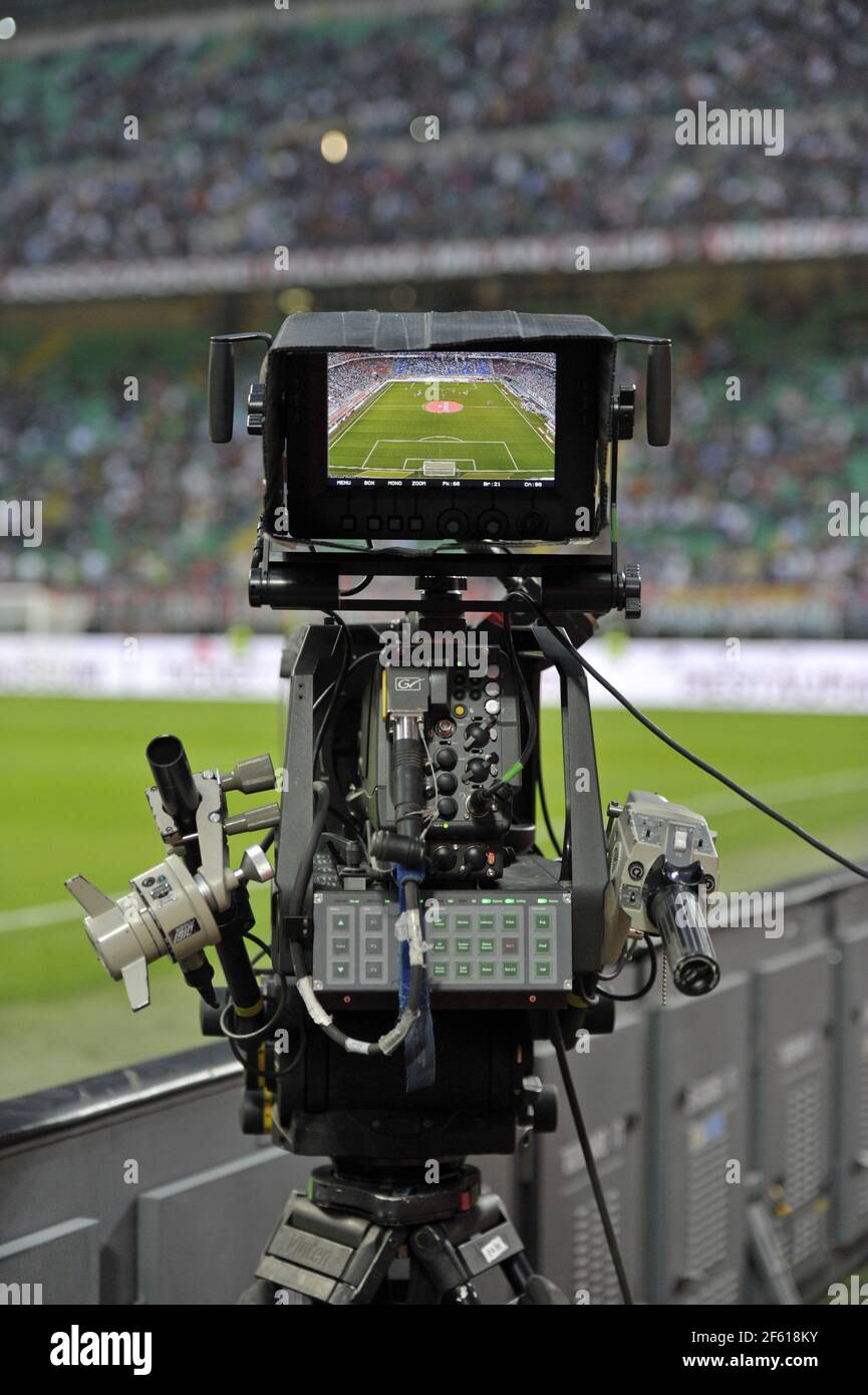 The San Siro football stadium is seen through the monitor of a television camera, in Milan. Stock Photo