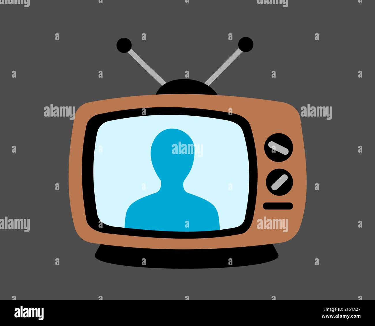 TV presenter - human, person and man is on television screen and display. Rewtro and vinatge tv and tele is turned on and switched on. Vector illustra Stock Photo