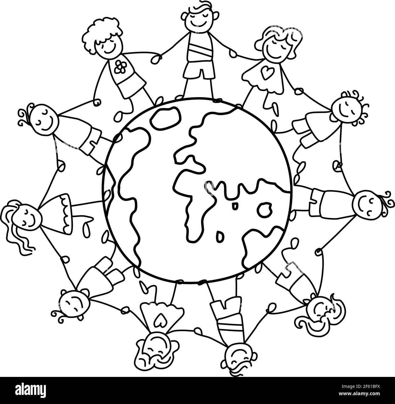 World kids cartoon stick figure blac line drawing vector illustration Stock Vector