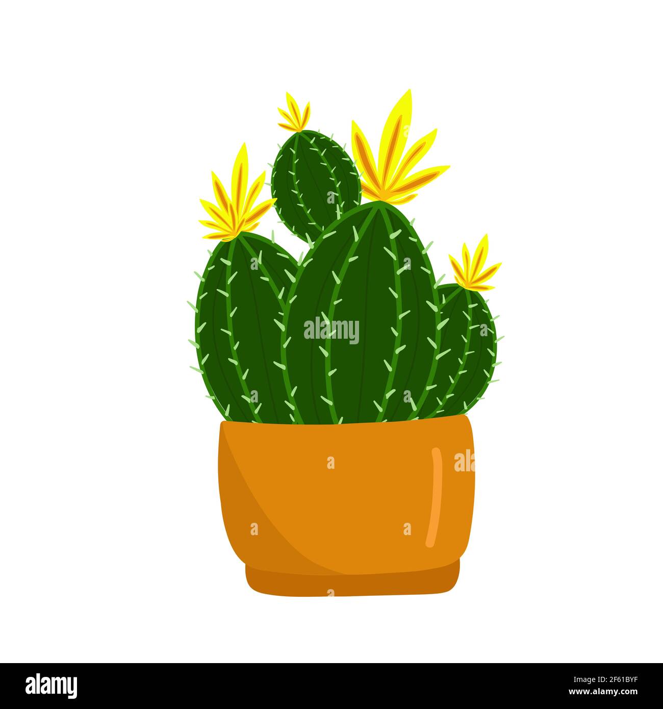 Prickly green cactus blooms with yellow flowers in a brown pot, tropical plant, home flowers in cartoon style, vector object, hand draw, isolate white Stock Vector
