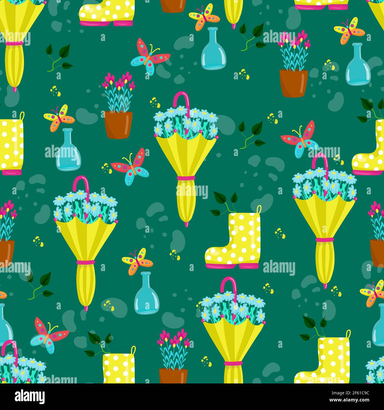 Seamless spring pattern with yellow umbrella and boot, many beautiful ...