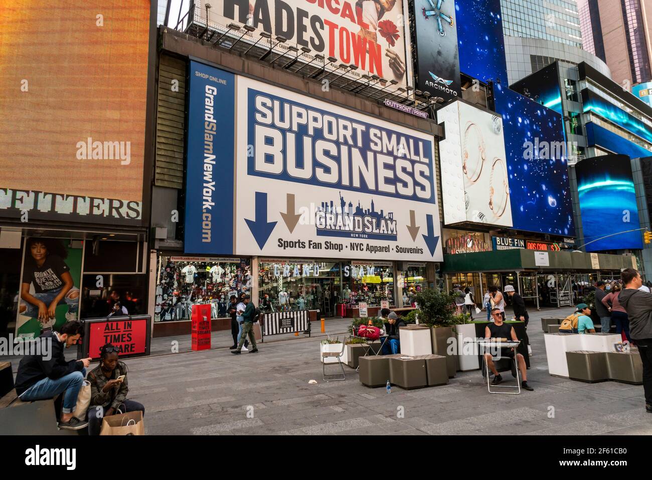 New York, USA. 27th Mar, 2021. The Grand Slam tourist oriented store in Times Square in New York advertises that it is a small business in need of support on Saturday, March 27, 2021. (ÂPhoto by Richard B. Levine) Credit: Sipa USA/Alamy Live News Stock Photo