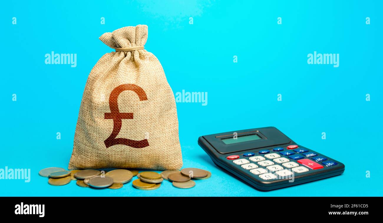 British pound sterling money bag and calculator. Accounting concept